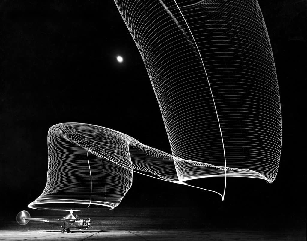 Light pattern produced by a time exposure of the light tipped rotor blades of a grounded helicopter